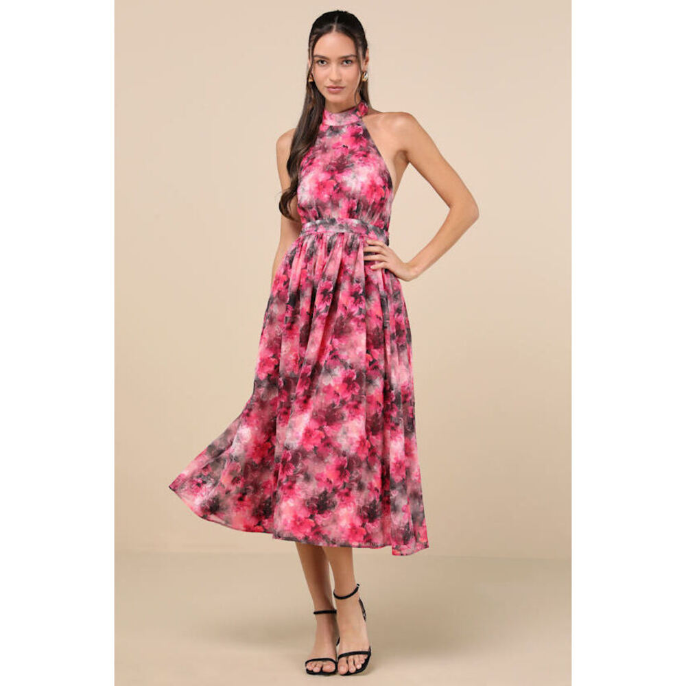 Lulus Charming Vision Fuchsia Floral Swiss Dot Lurex Halter Midi Dress Pink